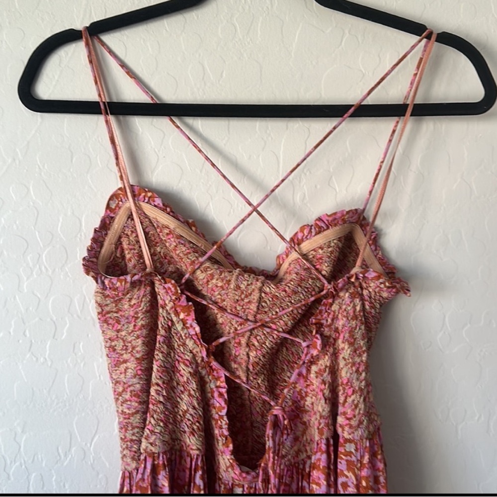 Free People One I Love Dress in Caramel Combo Pink and Tan Maxi Ruffle Hem Sz L - Picture 14 of 16